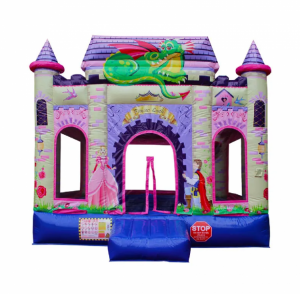 The princess castle bouncy castle stands empty and inviting, with its bright colors, ready for kids to enjoy